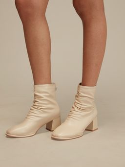 Twenty Dresses by Nykaa Fashion - Off White Ruched Ankle Length Block Heel Boots