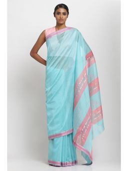 Via East - Aqua Blue Silk Cotton Traditional Saree With Unstitched Blouse