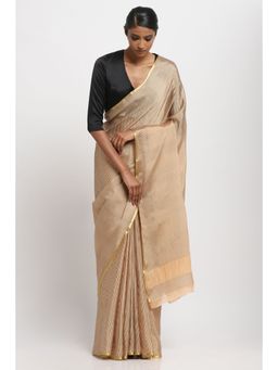 Via East - Gold Striped Crepe Cocktail Saree With Unstitched Blouse