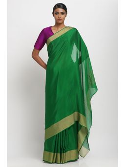 Via East - Emerald Green Wrinkled Crepe Saree With Unstitched Blouse