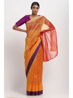 Via East - Orange Silk Cotton Zari Saree With Unstitched Blouse
