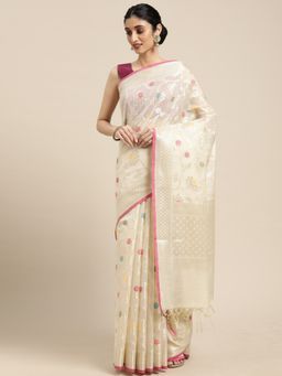 Banarasi Silk Works - Cream Masrise Cotton Tilfi Jaal Zari Border Saree with Unstitched Blouse