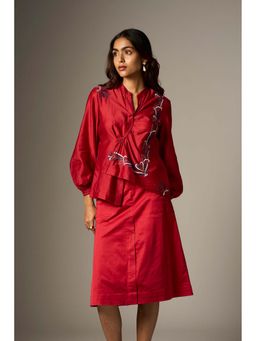 nona - Red Lehr Solid Angrakha Shirt