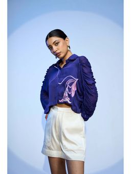 nona - Blue Lehr Bow Tie Cropped Shirt