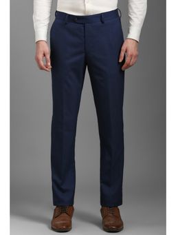 Louis Philippe - Men Navy Blue Slim Fit Checks Flat Front Formal Trouser