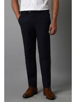 Louis Philippe - Men Navy Blue Slim Fit Checks Flat Front Formal Trouser