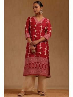 Soch - Deep Red Russian Silk Geometric Printed Kurta