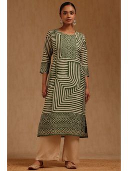 Soch - Green Russian Silk Geometric Kurta