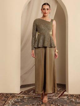 Miss Chase - Olive Asymmetric Geometric Peplum Satin Ethnic Jumpsuit