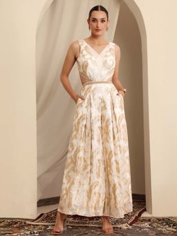 Miss Chase - Off White V-Neck Sleeveless Pleated Georgette Ethnic Jumpsuit