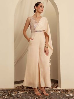 Miss Chase - Ivory V-Neck Embellished Luxe Satin Ethnic Jumpsuit