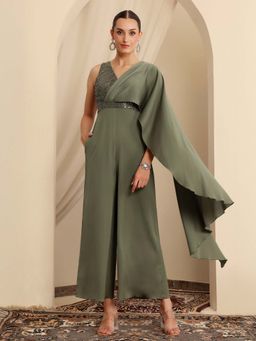Miss Chase - Pale Olive Draped Pleats Embellished Ethnic Jumpsuit
