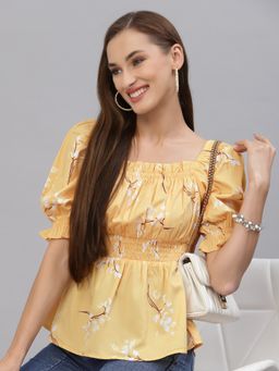Style Quotient - Women Yellow Floral Print Cinched Waist Top