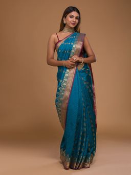 Koskii - Turquoise Blue Zari Work Art Silk Designer Saree with Unstitched Blouse