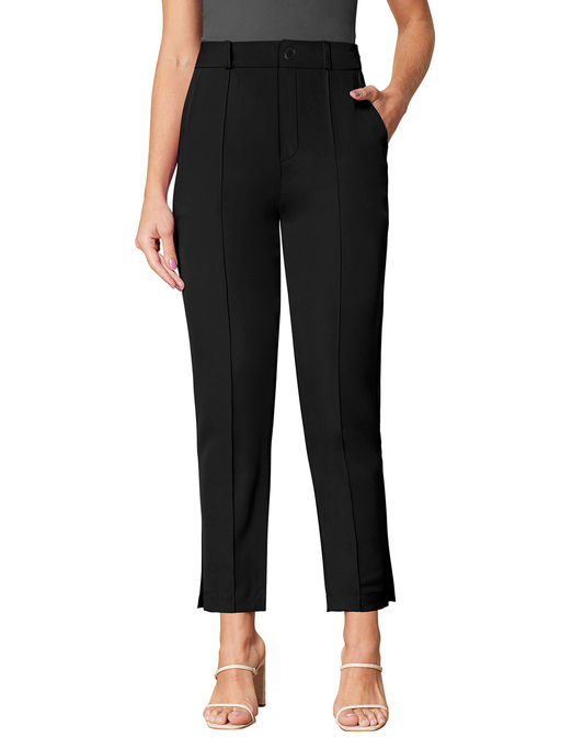 Odette Black Polyester Solid Trouser For Women (L)