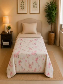 Linen Home - Reversible Dohar Single Size Floral Pink and Sand Shell