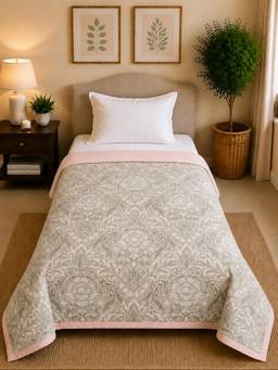 Linen Home - Reversible Dohar Single Size Damask Pink and Brushed Rose