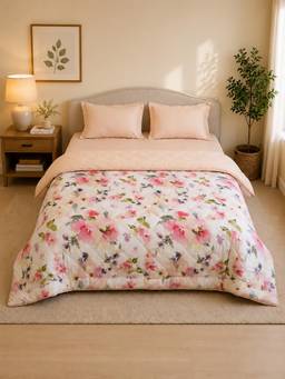 Linen Home - Cotton Reversible Ac Blanket Double Size Floral Pink, Sand Shell