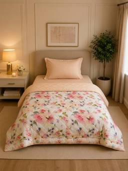 Linen Home - Cotton Reversible Ac Blanket Single Size Floral Pink, Sand Shell