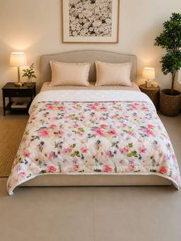 Linen Home - Cotton Reversible Ac Blanket Double Size Floral Pink and White