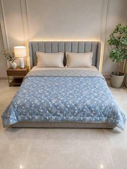 Linen Home - Cotton Reversible Ac Blanket Double Size Floral Blue and Silver