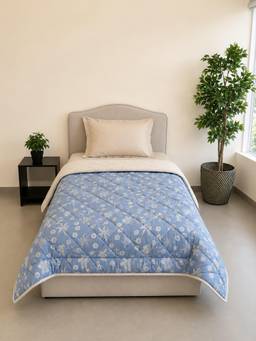 Linen Home - Cotton Reversible Ac Blanket Single Size Floral Blue and Silver