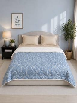 Linen Home - Cotton Reversible Ac Blanket Double Size Floral Blue and White