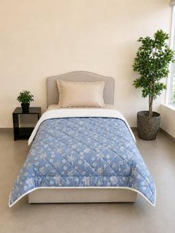 Linen Home - Cotton Reversible Ac Blanket Single Size Floral Blue and White