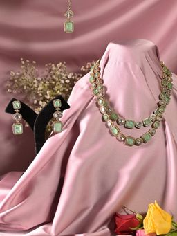 Swan Jewels - Women Ragini Ratnamala Mint Green Polki Kundan Double-Layered Jewellery Set