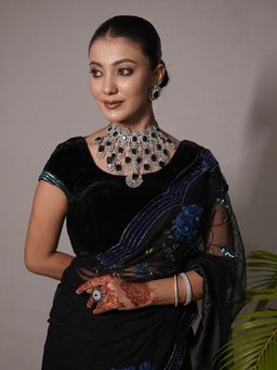 Swan Jewels - Women Rajwadi Statement Blue Gemstone Cocktail Diamond Necklace Set