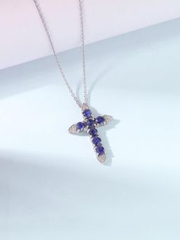 Ornate Jewels - Women 925 Silver Natural Blue Fissure Filled Sapphire Cross Necklace