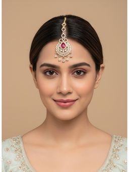 I Jewels - Women Gold Plated Pink American Diamond Cubic Zirconia Maangtikka