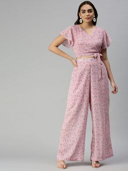 SHOWOFF - Women Above Knee V-Neck Pink Floral Co-Ord (Set of 2)