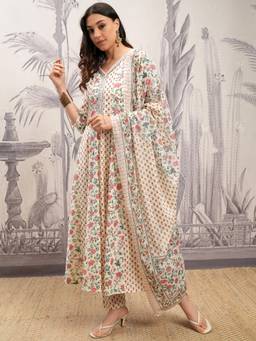 VISHUDH - Women Multi-Color Floral Anarkali Kurta with Pant & Dupatta (Set of 3)