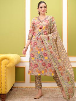VISHUDH - Women Beige Floral Kurta with Pant & Dupatta (Set of 3)
