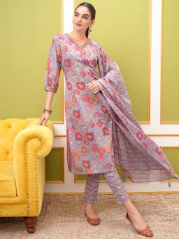 VISHUDH - Women Lavender Floral Kurta with Pant & Dupatta (Set of 3)