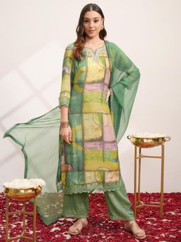 VISHUDH - Women Green Printed Kurta with Pant & Dupatta (Set of 3)