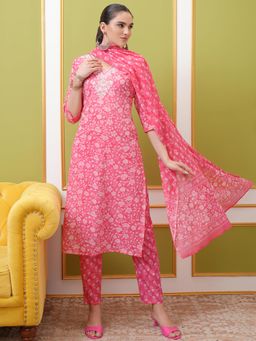 VISHUDH - Women Pink Floral Kurta with Pant & Dupatta (Set of 3)