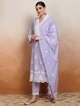 VISHUDH - Women Lavender Embroidered Kurta with Pant & Dupatta (Set of 3)