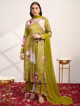 VISHUDH - Women Green Floral Angrakha Kurta with Palazzo & Dupatta (Set of 3)