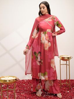 VISHUDH - Women Red Floral Angrakha Kurta with Palazzo & Dupatta (Set of 3)