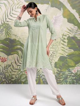 VISHUDH - Women Green Stripes Kurta with Pant (Set of 2)