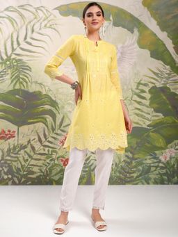 VISHUDH - Women Yellow Stripes Kurta with Pant (Set of 2)