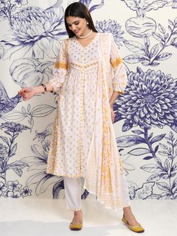 VISHUDH - Women Yellow Printed Kurta with Pant & Dupatta (Set of 3)