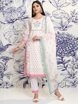 VISHUDH - Women Off White Floral Kurta with Pant & Dupatta (Set of 3)