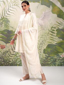 VISHUDH - Women Cream Self Design Kurta with Pant & Dupatta (Set of 3)