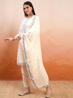 VISHUDH - Women Off White Embroidered Kurta with Pant & Dupatta (Set of 3)