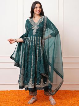 VISHUDH - Women Teal Embroidered Anarkali Kurta with Pant & Dupatta (Set of 3)