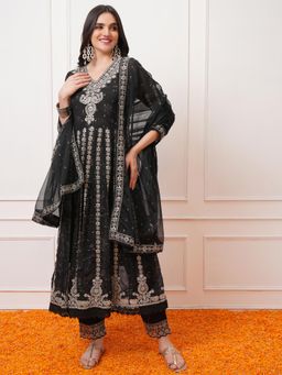 VISHUDH - Women Black Embroidered Anarkali Kurta with Pant & Dupatta (Set of 3)