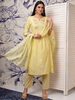 VISHUDH - Women Yellow Embroidered Kurta with Pant & Dupatta (Set of 3)